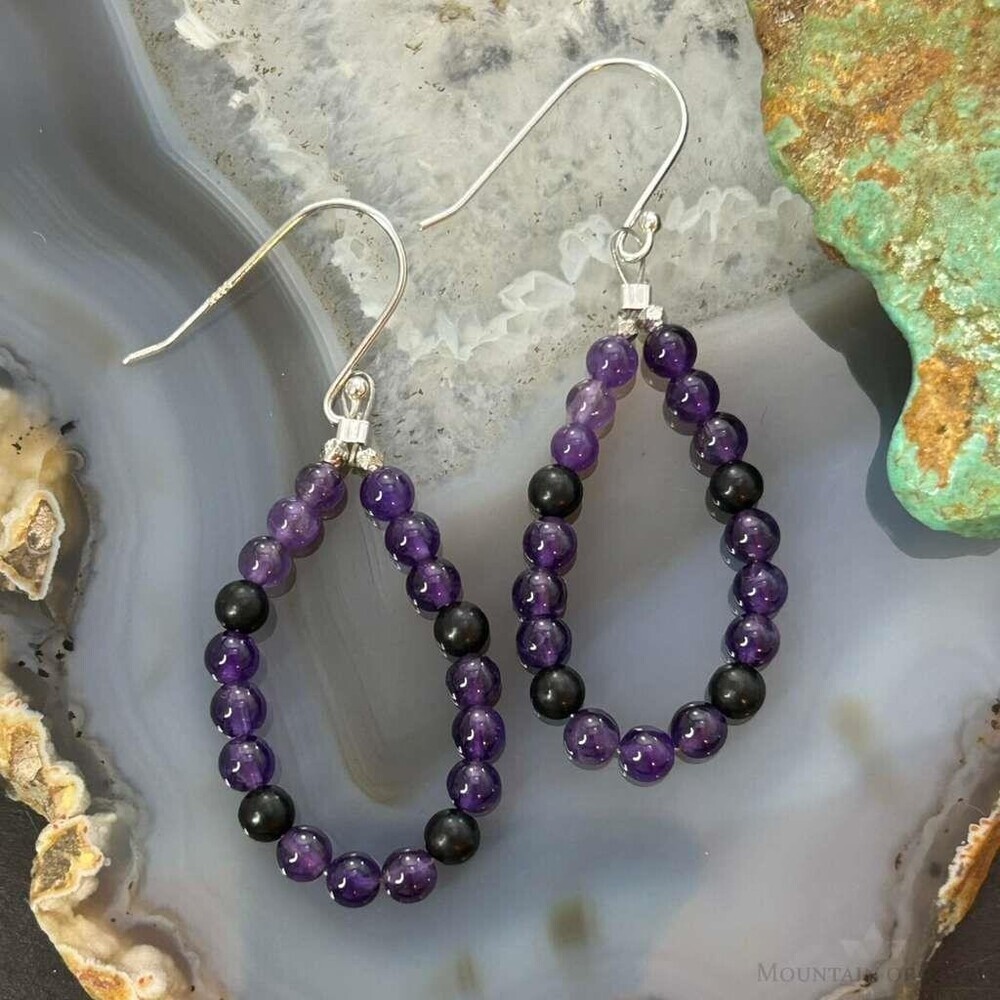 Sterling Silver Amethyst Beads Hoop Dangle Earrings For Women